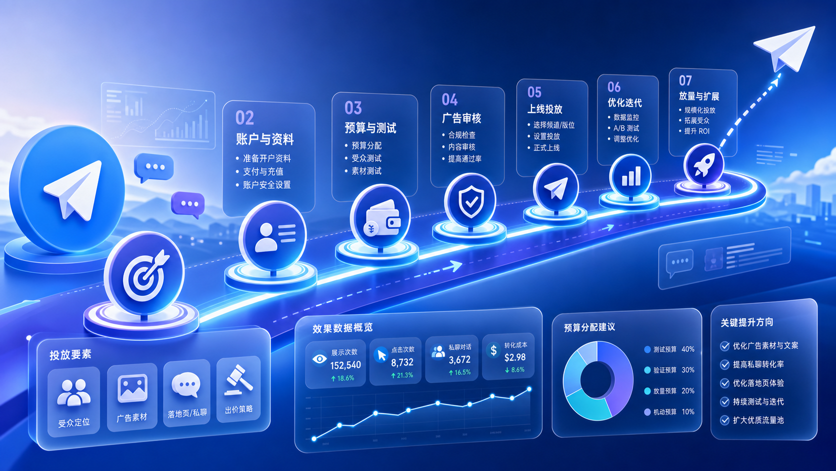 Telegram Ads完整投放流程与优化路径示意图