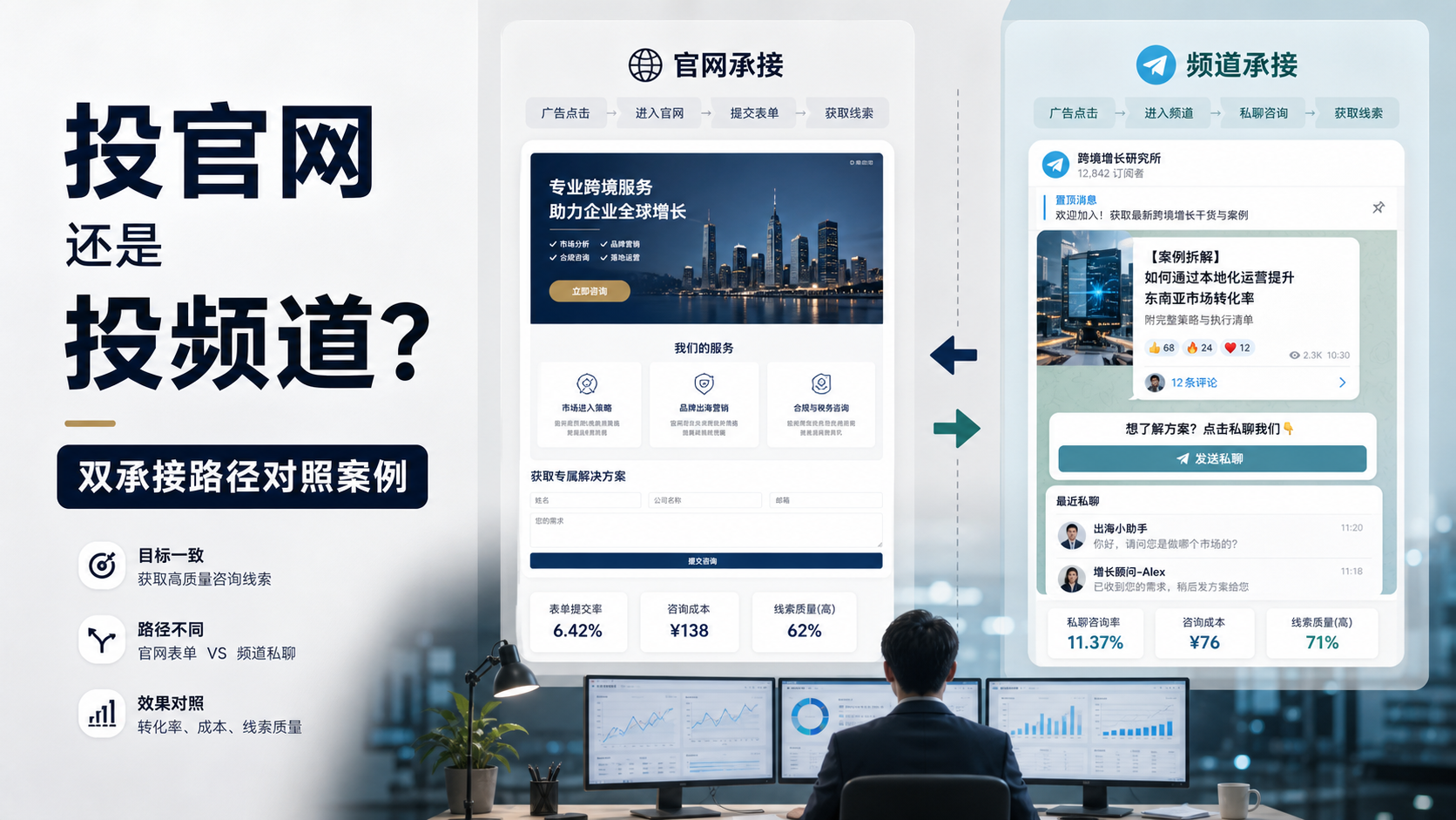 Telegram广告频道承接与官网承接双路径对照测试示意图