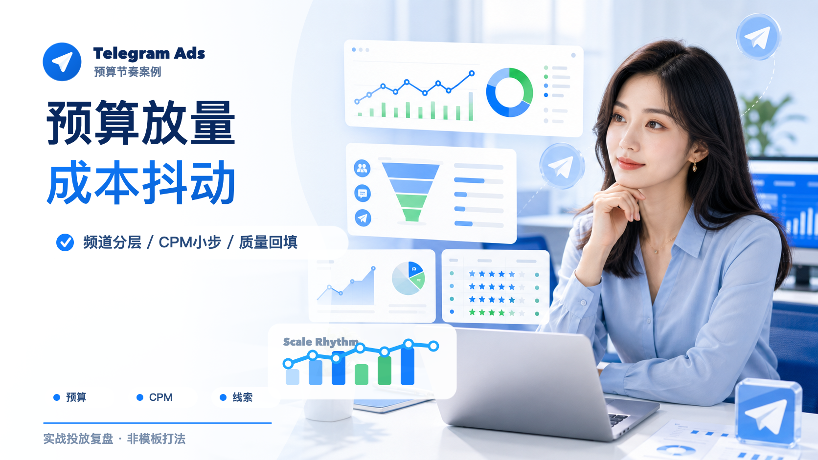 Telegram Ads预算放量节奏与频道质量分层案例示意图