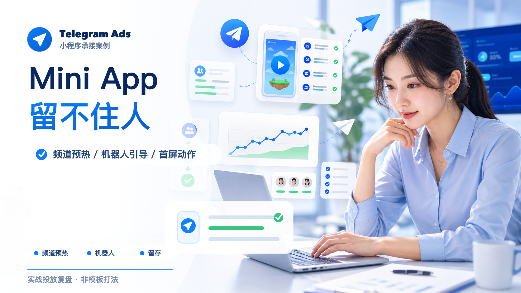 先把广告承接从“直接进小程序”改成“频道预热 + 机器人引导 + Mini App”，减少用户第一次打开时的理解成本。